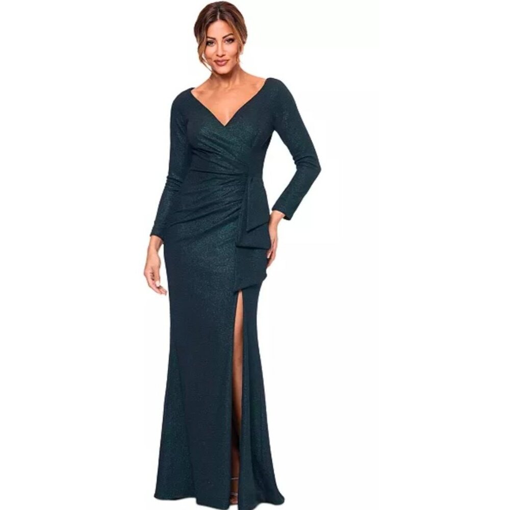 Xscape Womens Long-Sleeve Sparkle Gown With Draped Bodice & Side Slit